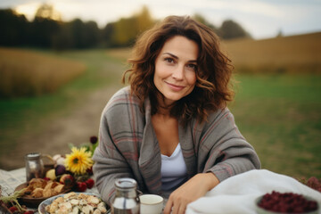 Smiling woman enjoying autumn picnic with fresh food. Seasonal outdoor leisure.