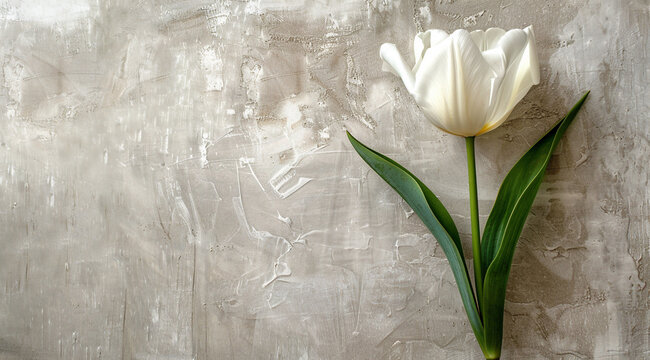 White opened tulip on the background of gray concrete wall. Neutral background place for copyright.