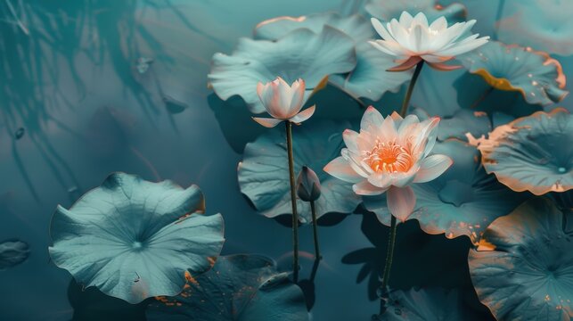 Beautiful pink and white lotus flowers on the water. AI generated images