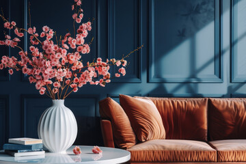 Livingroom with dark blue walls. We see a brown sofa with a white coffeetable in front of the sofa. There are cherry blossom flowers in a white vase on the coffeetable and two books underneath the vas
