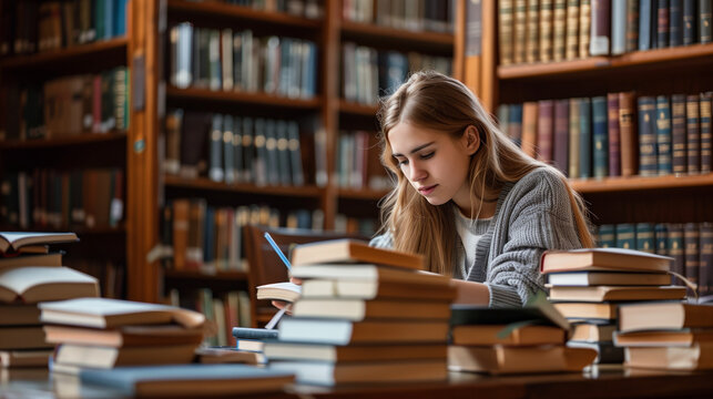 A law student sits and reads a book in the library, Ai Generated Images