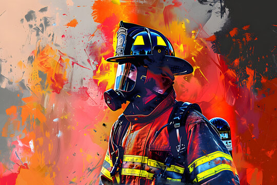 Portrait of firefighter or fireman in abstract mixed grunge colors vector art style. Colorful pop art digital painting. 