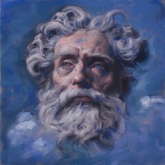 Portrait of Zeus, the mythological Greek god with a majestic beard and pastel clouds in a traditional painting