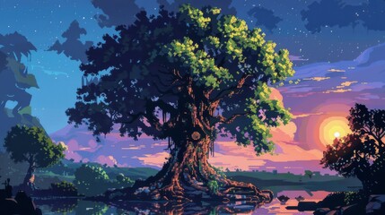 Pixel Art Yggdrasil Tree at Sunset in a Mythological Landscape - obrazy, fototapety, plakaty