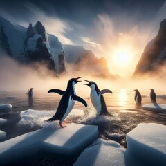 Two antarctic penguins fight on frozen sea ice
