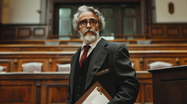 A lawyer stands in front of the courtroom seriously, holding a file of important legal documents, AI generated Images