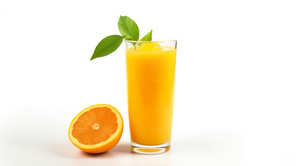 A glass of fresh orange juice isolated on a stark white background