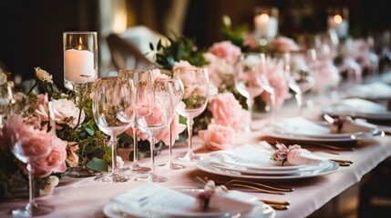 Close-up of the Restaurant tables with luxurious setting, Pink flowers, Candles, Glasses and plates, set for a special event, Birthday, Anniversary, Wedding. Festive Decor, Modern Design concepts.