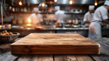  A wooden cutting board is placed on a counter in a commercial kitchen. Chefs are preparing food in the background. © wing