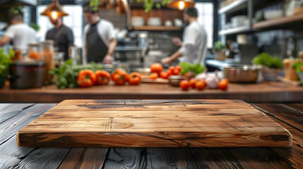A wooden cutting board is placed on a counter in a commercial kitchen. Chefs are preparing food in...