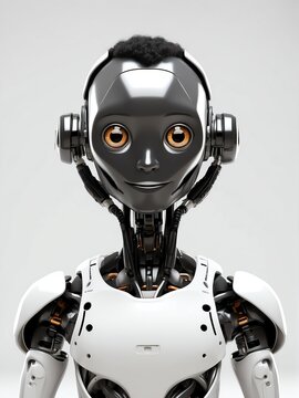 Cute smiling black humanoid robot in plain white background looking at camera from Generative AI