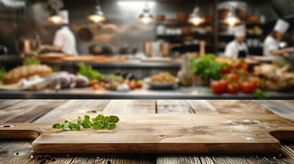 Obraz premium A wooden cutting board is placed on a counter in a commercial kitchen. Chefs are preparing food in the background.