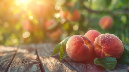 Juicy peaches with dewdrops on a rustic wooden surface.