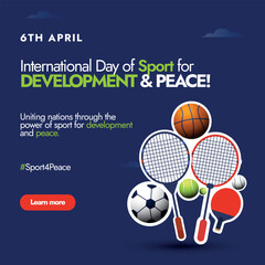International Sports Day. 6th April International Day of Sport for development and peace celebration cover banner in dark blue background with different sport equipment tennis ball, racket, basketball