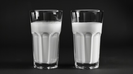 A glasses with milk on a podium on a black background. White liquid in a glass.