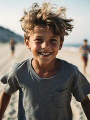 Kid caucasian boy at the beach in summer vacation running and smiling at camera from Generative AI