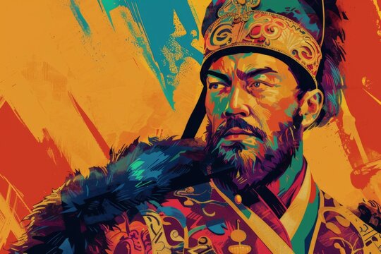 Tamerlan the Turco-Mongol conqueror depicted in pop art with a vibrant and colorful historical figure portrait