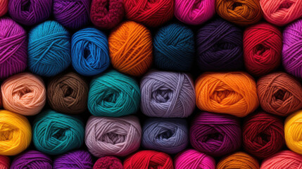 Colorful knitting wool yarn balls arranged neatly - obrazy, fototapety, plakaty