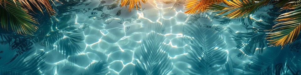 Fototapeta premium Palm leaves over clear blue water reflecting sunlight