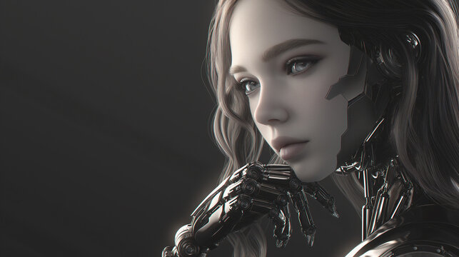 A beautiful robot girl. A futuristic female humanoid. A fantastic cyborg woman. Sci fi cyberpunk art. Hi-tech painting. The concept of artificial intelligence.