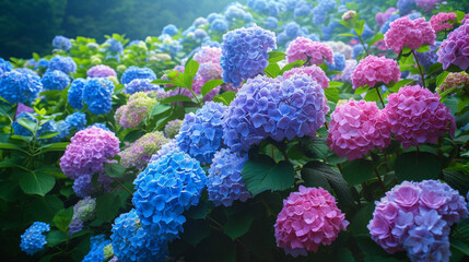 Naklejka na ściany i meble A dreamy garden filled with blooming hydrangeas in shades of blue, pink, and purple, their lush blooms creating a riot of color.