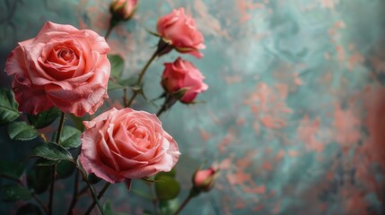 Pink Roses with Bokeh on Textured Background, Copy Space.