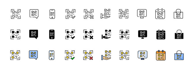 QR-Code icon collection. Linear, silhouette and flat style. Vector icons
