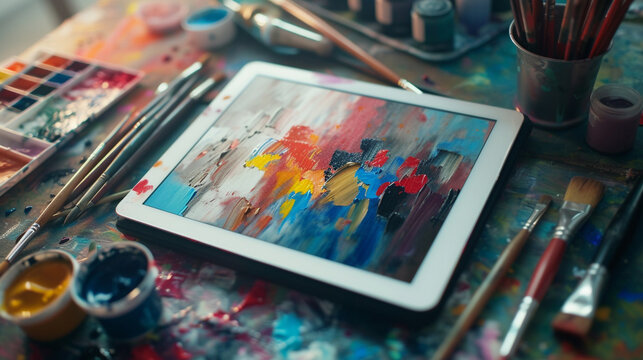 A digital tablet displaying a vibrant art portfolio, surrounded by scattered brushes and tubes of paint, merging traditional and digital artistry in a modern creative space.