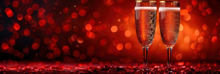 An alluring Valentine's Day advertisement featuring a pair of elegant champagne flutes adorned with gold accents, surrounded by red rose petals and set against a backdrop of dark red velvet - obrazy, fototapety, plakaty