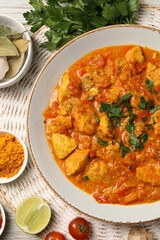 Delicious chicken curry and ingredients on table, top view