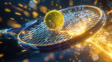 Close up yellow ball collides with tennis racket, powerful swing.
