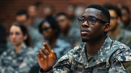 African American guy in military uniform raising hand after lecture or presentation to ask question. Training course. - obrazy, fototapety, plakaty