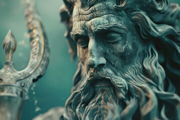 Poseidon with trident represents ocean mythology in this Greek god sculpture - obrazy, fototapety, plakaty