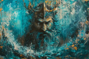 Oil painting of Poseidon, god of the ocean with a trident and majestic beard in mythical sea - obrazy, fototapety, plakaty