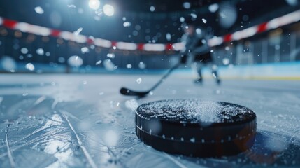 Professional ice hockey player shooting the puck with hockey stick. - obrazy, fototapety, plakaty