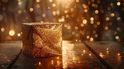 gold gift box with shiny lights on table generated by ai