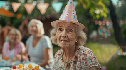 Senior woman with friends on outdoor summer garden party, Celebrating birthday.