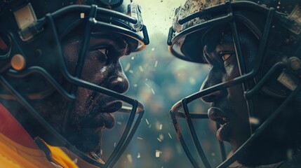 American football versus. Captains of America football teams look into each other's eyes while battle on the match. - obrazy, fototapety, plakaty