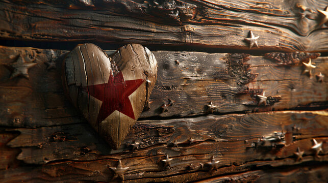 Texas flag with heart of wood and wall background.
