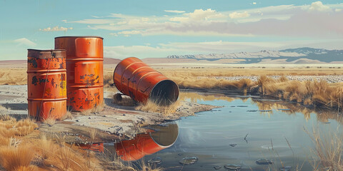 barrels of oil in oil drums on the oilfield  - obrazy, fototapety, plakaty