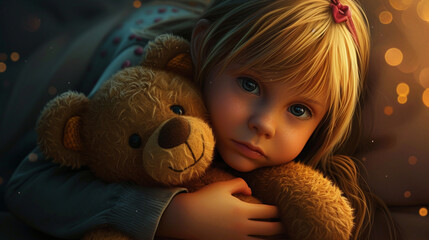 A girl cuddling a teddy bear, her eyes filled with love and affection as she holds her cherished companion close.