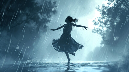A graceful young girl dancing in the rain, her laughter echoing through the stormy sky as she twirls with abandon.