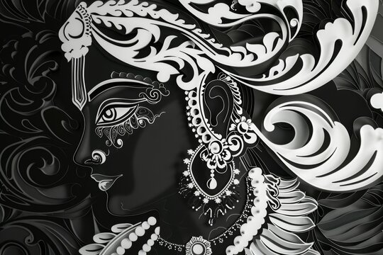 Krishna the Divine Statesman depicted in a black and white ornate illustration of Hinduism deity