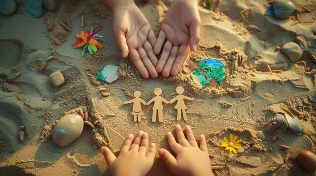 A heartwarming image commemorating World Refugee Day, depicting a pair of hands reaching out to help a displaced family, surrounded by symbols of hope and resilience.