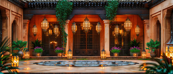 The serene beauty of traditional Asian architecture at night, lit by lanterns and steeped in...