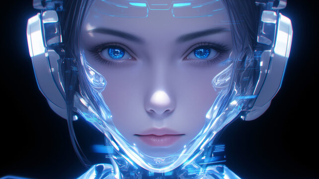 A beautiful robot girl. A futuristic female humanoid. A fantastic cyborg woman. Sci fi cyberpunk art. Hi-tech painting. The concept of artificial intelligence.