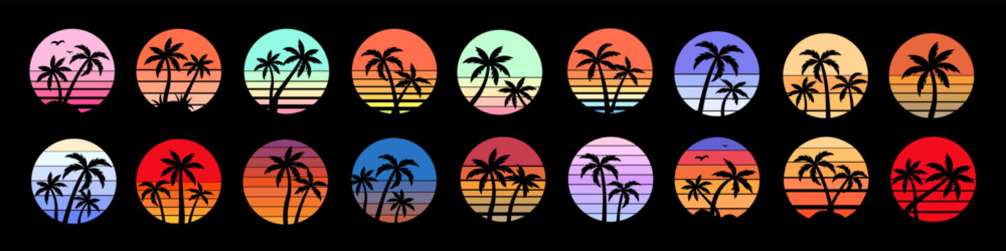 Retro sunset. Sunset with palm silhouettes. Retro sunset with palms.