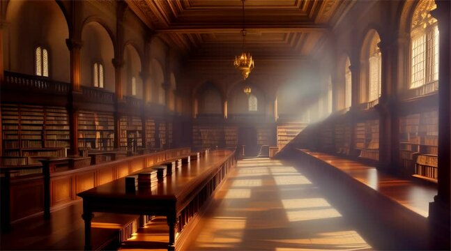 The library's interior features ancient architecture, elegant wooden tables, and stained glass windows, creating a mesmerizing atmosphere.