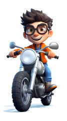 A 3d cartoon character of young boy on motorbike 
