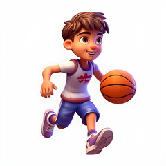 3d cartoon portrait boy playing basketball infront of white background